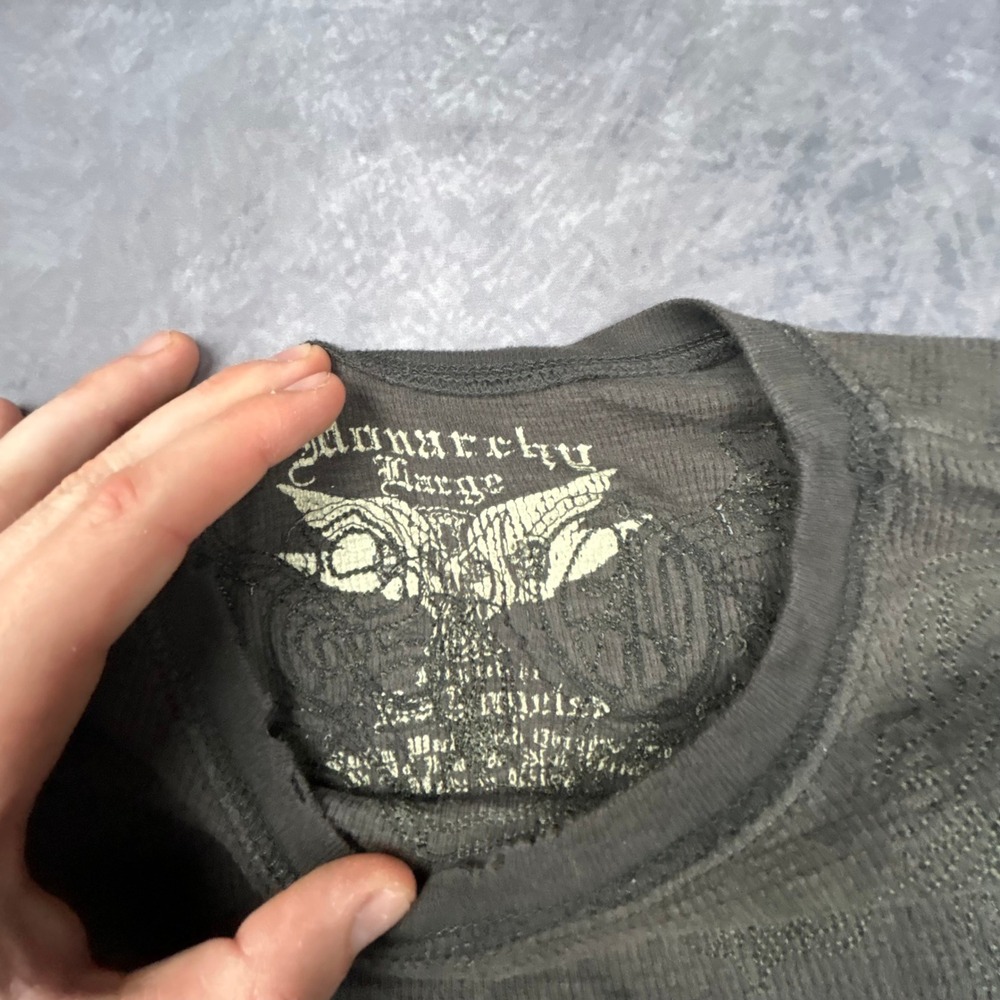 Monarchy Mens Large Thermal Long Sleeve Shirt Grunge Y2K Biker Applique Grey - Picture 4 of 8